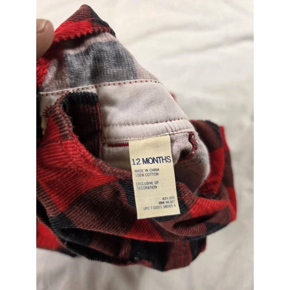 OshKosh B'gosh Overalls Baby Boys 12M Red Buffalo Plaid Corduroy 424-305